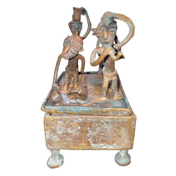 Handmade Bronze African Box-Style Statue With Musicians Cameroonian Art 4" X 2" - Picture 3 of 15